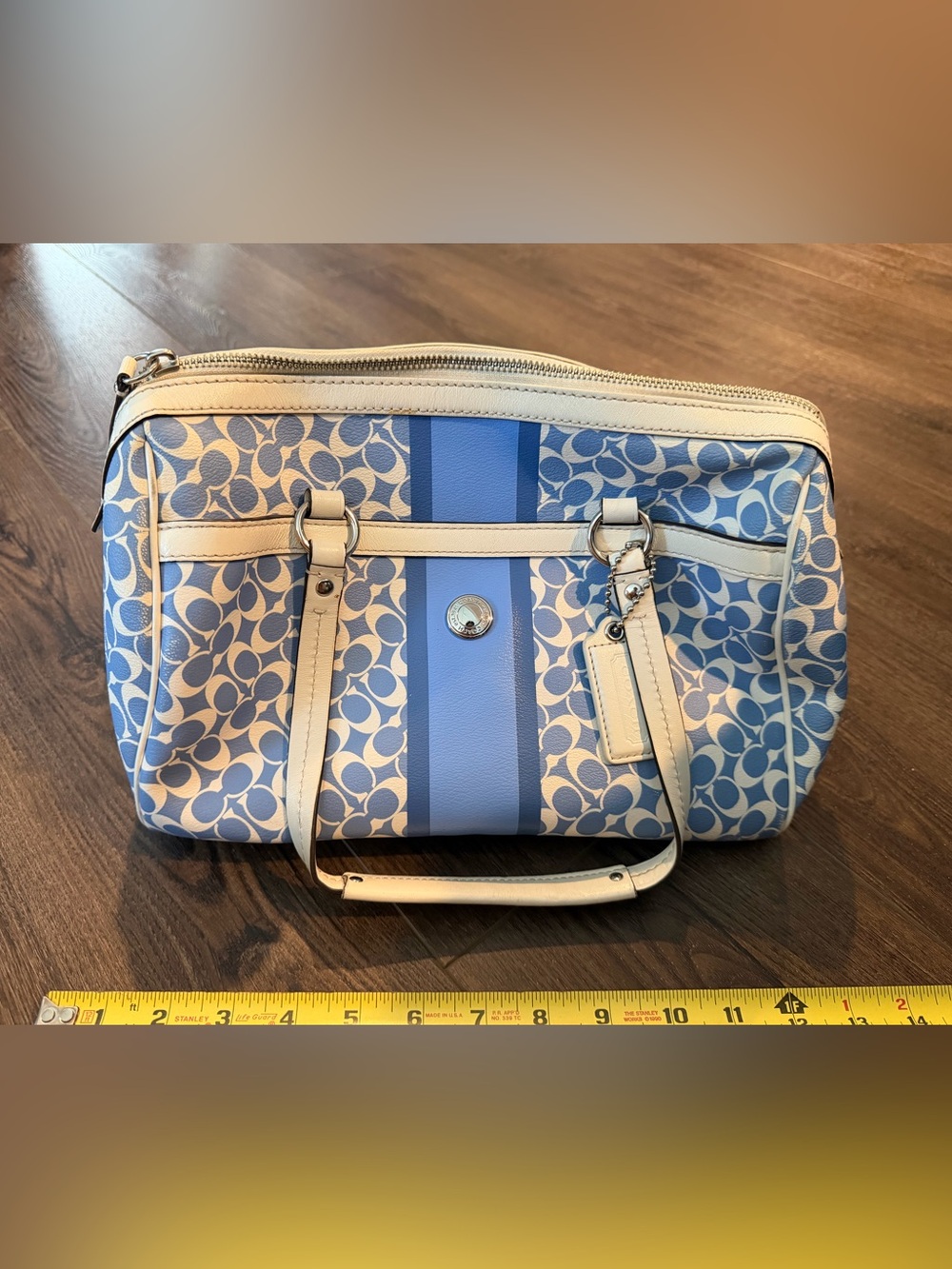 Coach Signature Stripe Tote Bag in Light Blue and white